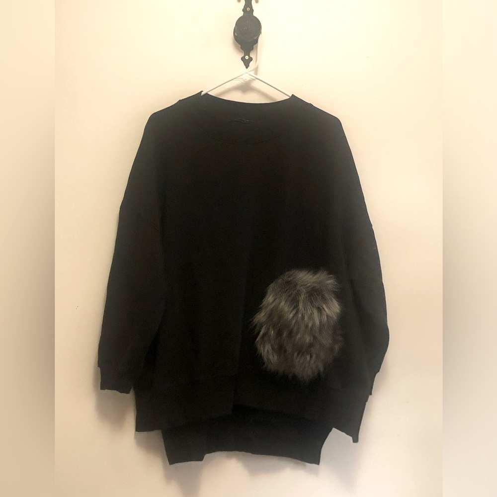 Zara Black Crew Neck Sweater with Faux Fur Detail